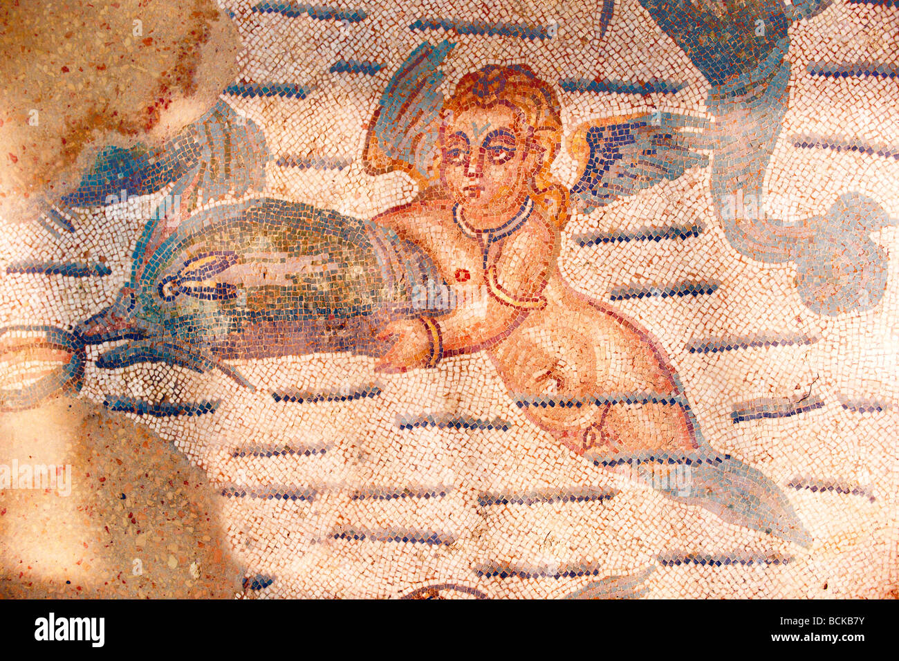Roman mosaic of a mermaid and dolphin  at the Villa Romana or Ericulia  or Casale Dei Saraceni, Morgantina, Sicily Stock Photo
