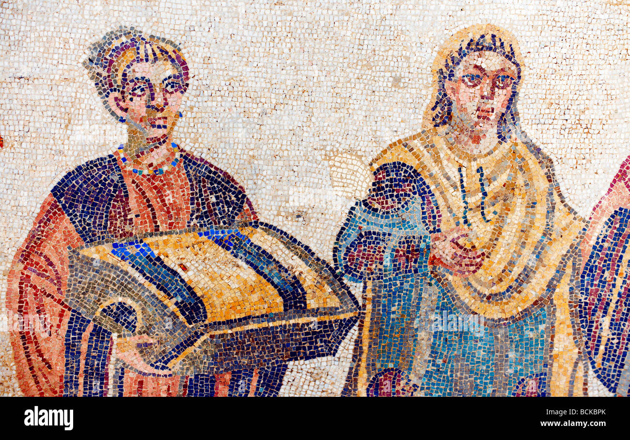 Roman mosaic of Roman nobility at the Villa Romana or Ericulia  or Casale Dei Saraceni, Morgantina, Sicily Stock Photo