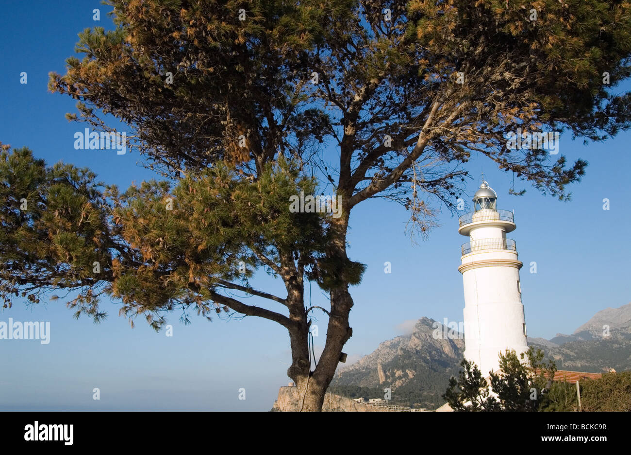 Lighthouse on the coast of Port de Soller at the Balearic Island Mallorca, Spain. Stock Photo