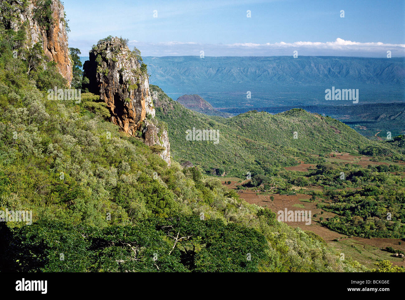 Kenya. A view across the Kerio Valley to the Keiyo Escarpment    a western wall of Africa  s Great Rift Valley. Stock Photo