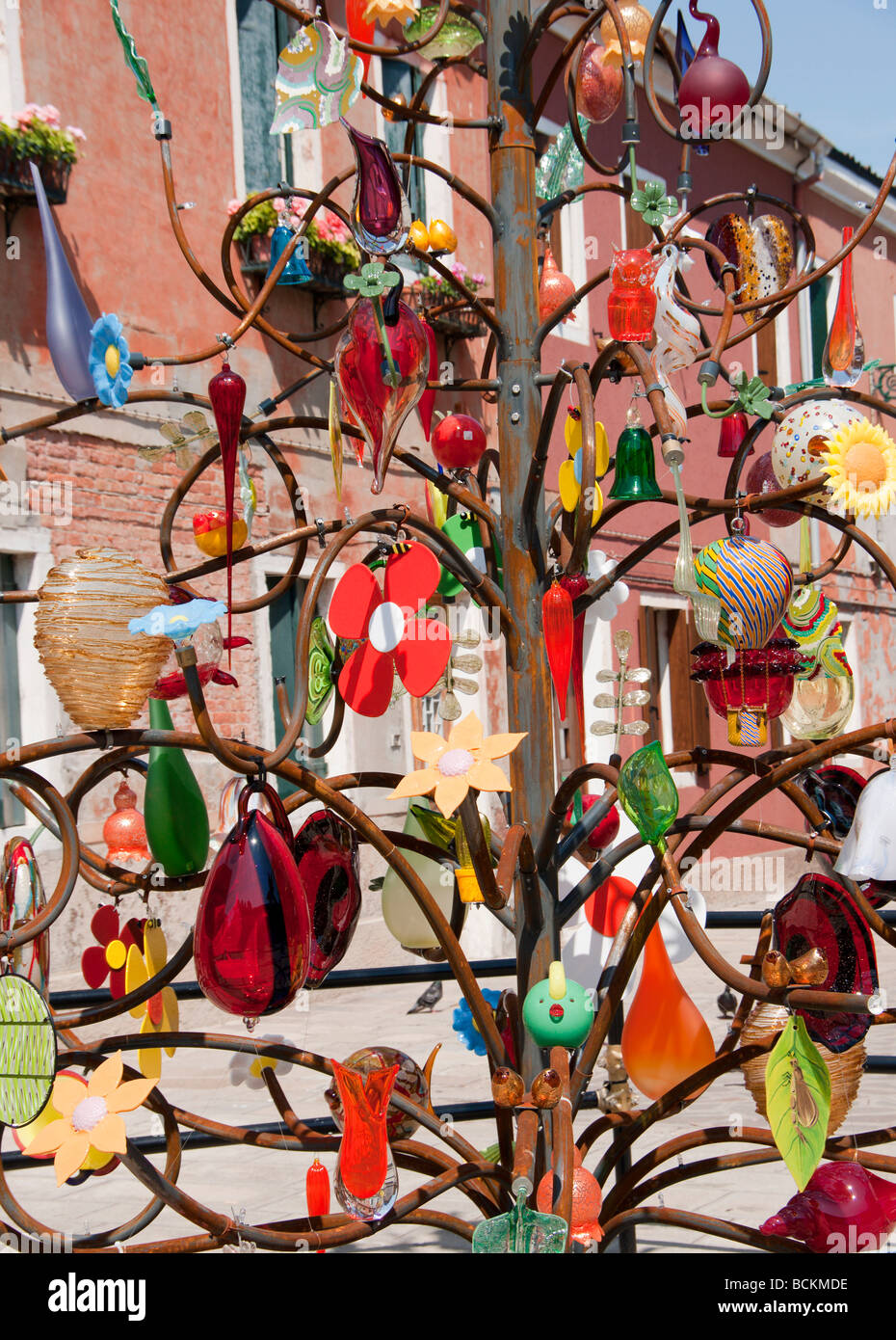 Venice Murano island exhibition of glass on a tree staged by Primavera Estate Stock Photo