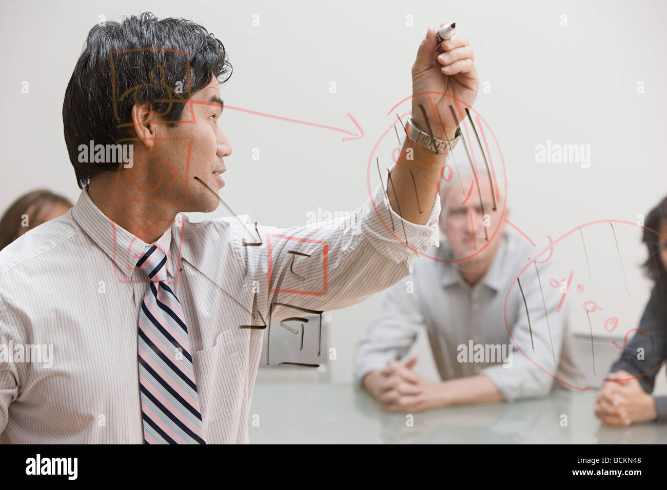 Man drawing diagram on glass Stock Photo