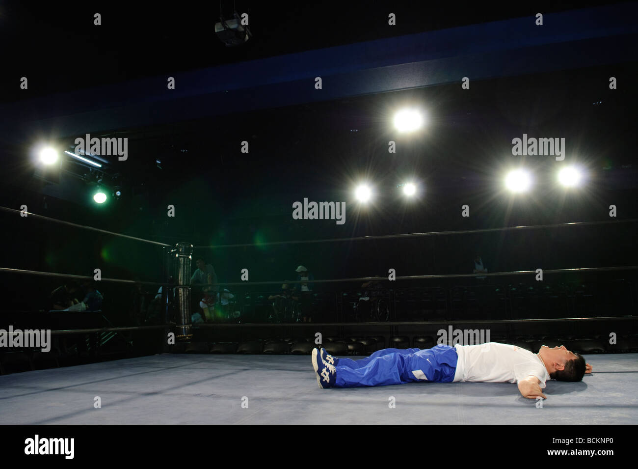 During the warm up to a wrestling bout involving disabled wrestlers