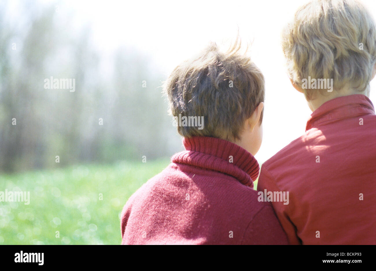 Two children sitting on grass, rear view Stock Photo - Alamy