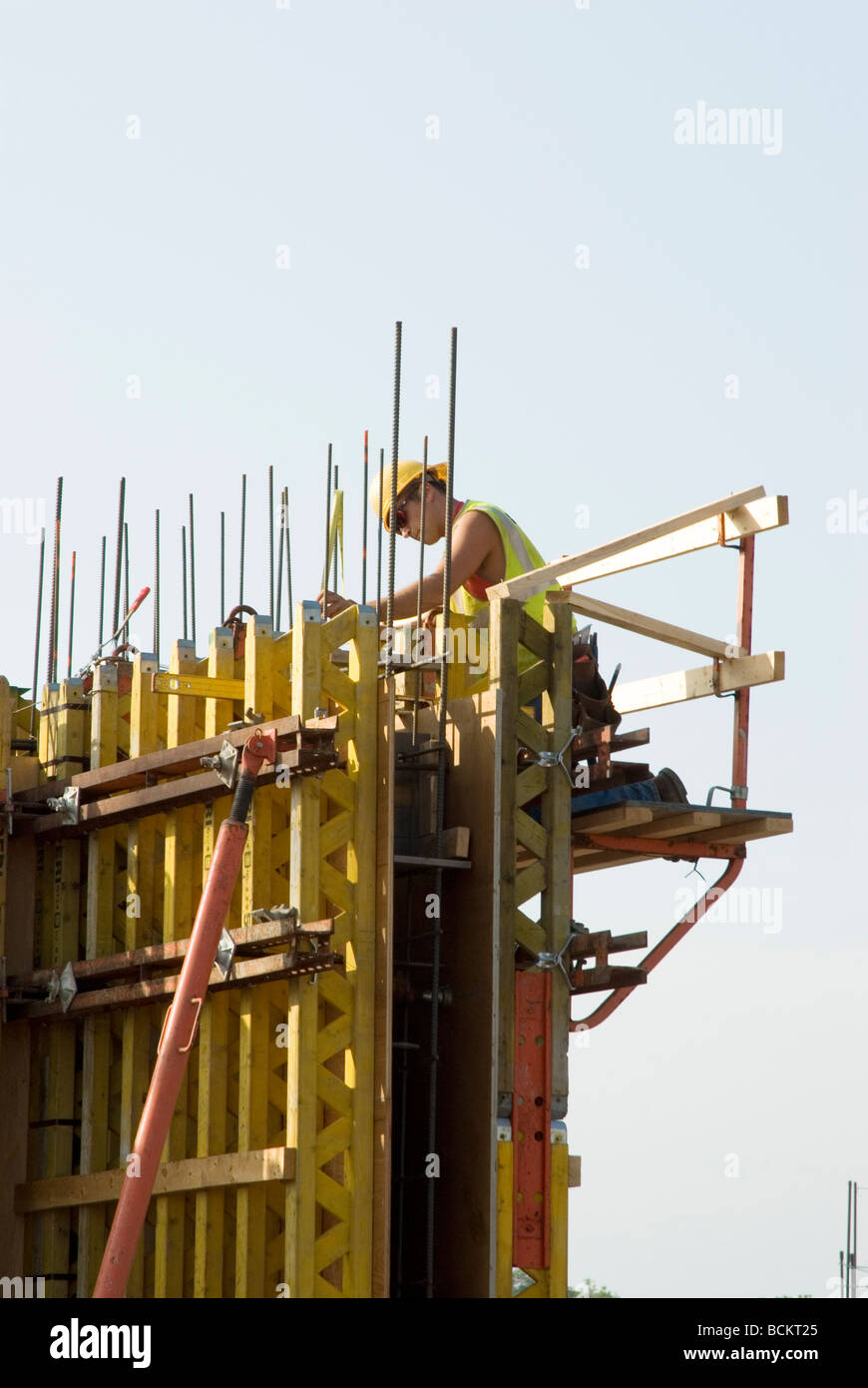 construction worker assembling forms for a concrete wall Stock Photo