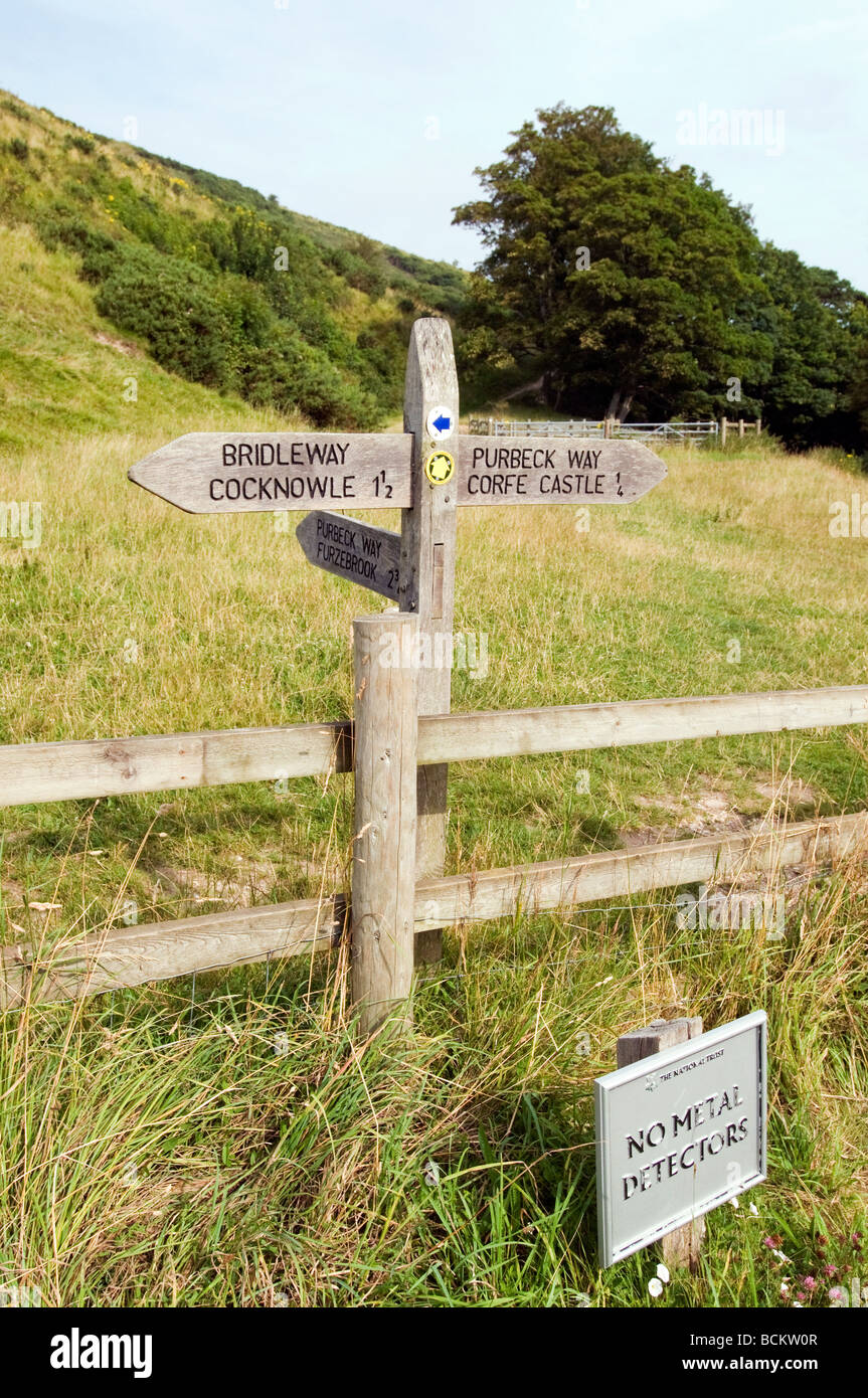 Wooden waymarker post on route to Corfe Castle on the Purbeck Way Dorset Stock Photo