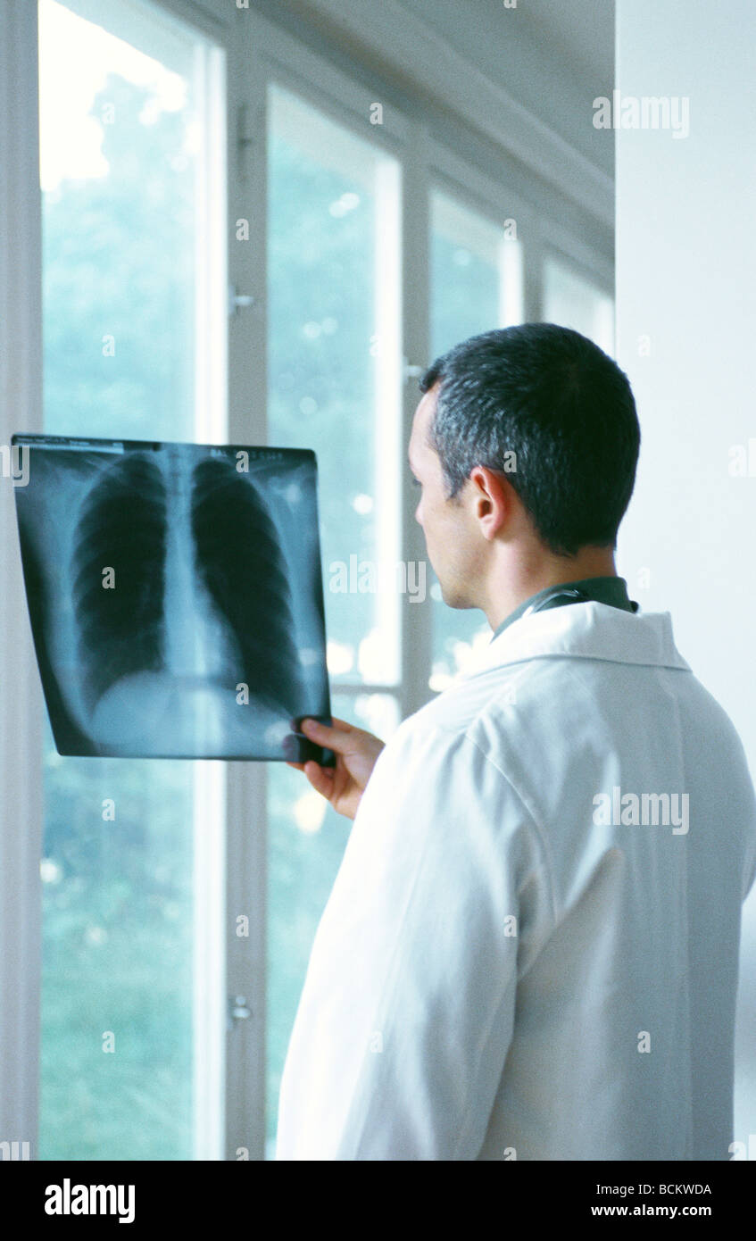 Male doctor examining x-ray, rear view Stock Photo