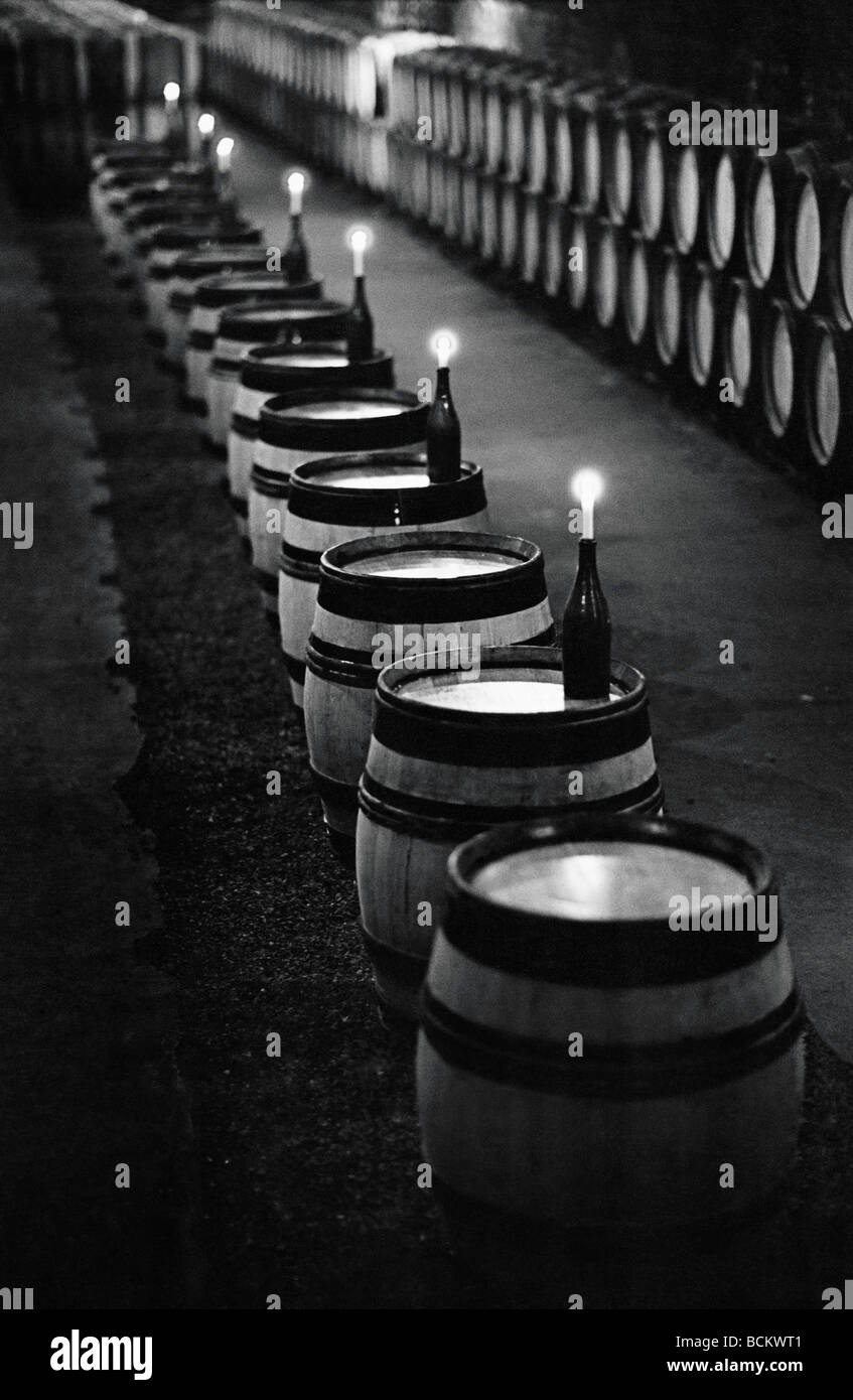 Wine cellar with barrels of wine and bottles with lit candles, b&w