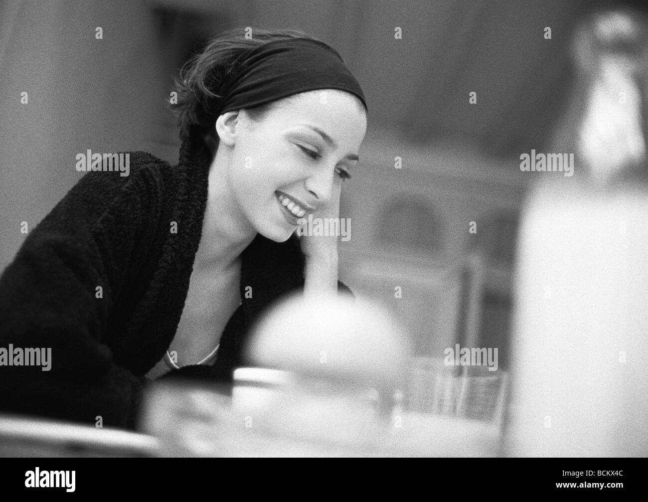 Woman laughing, b&w Stock Photo