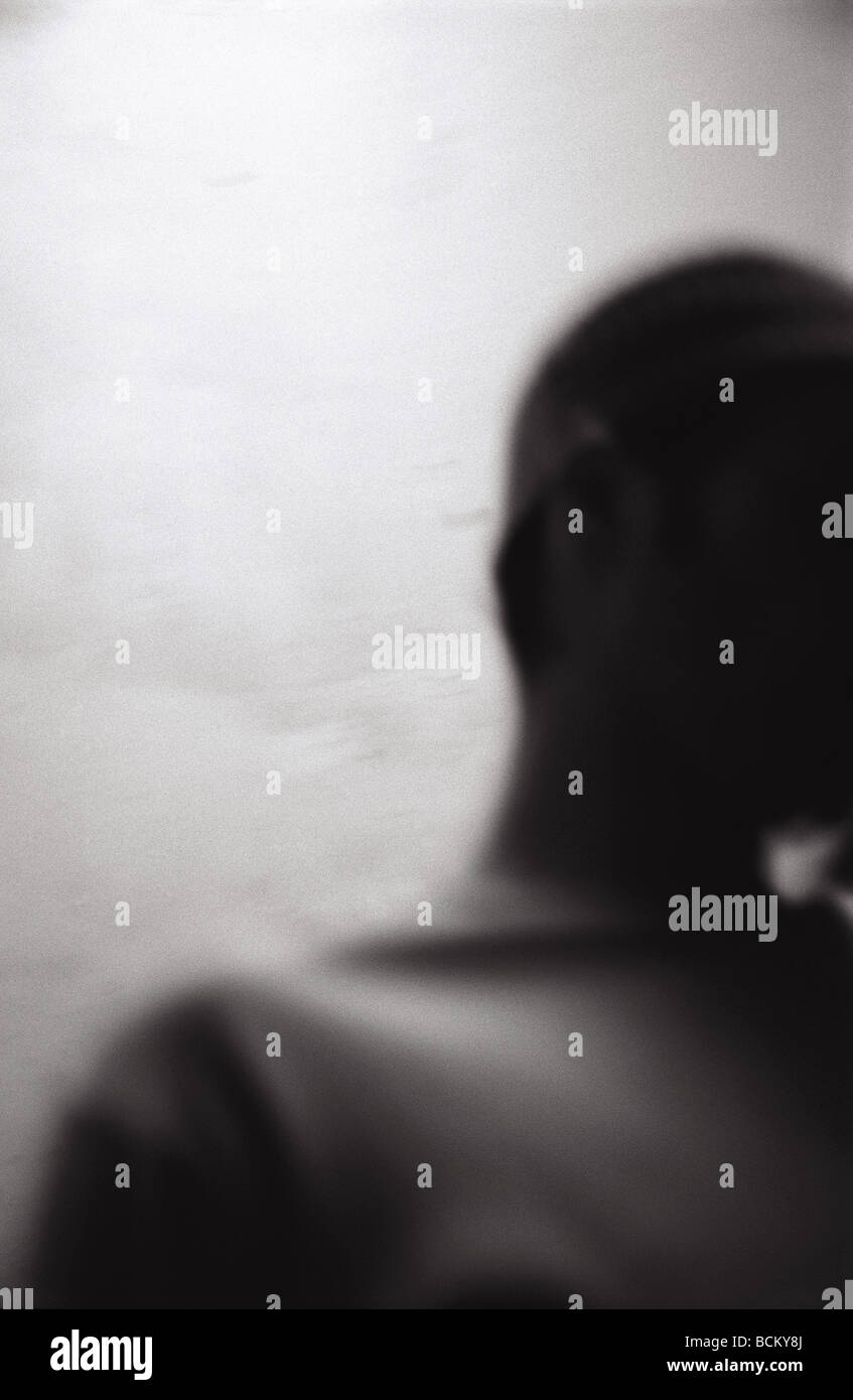 Man, close-up, blurred, b&w Stock Photo