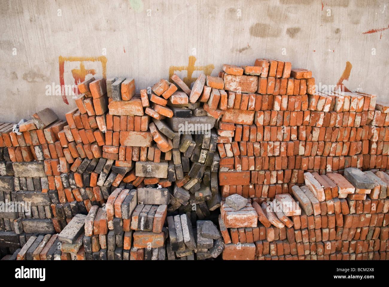 Pile of bricks collected from demolished building, Shanghai, China Stock Photo