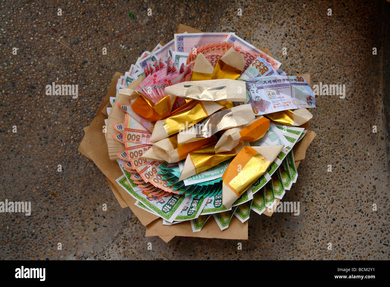 China Hong Kong chinese buddhist or taoist paper offering at temple Stock Photo