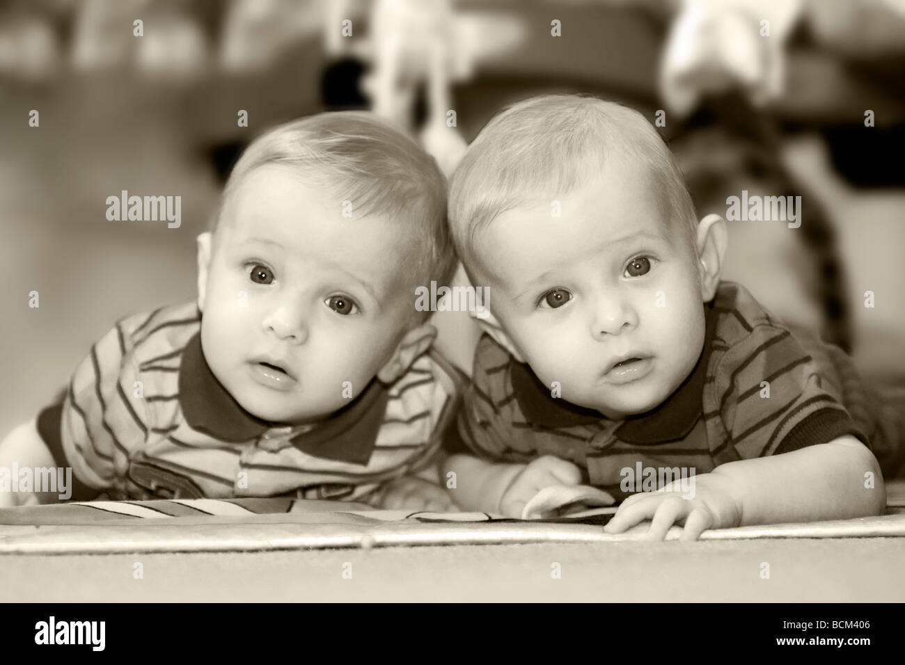 Portrait of twin baby boys (B&W) - Hollywood, Florida USA Stock Photo