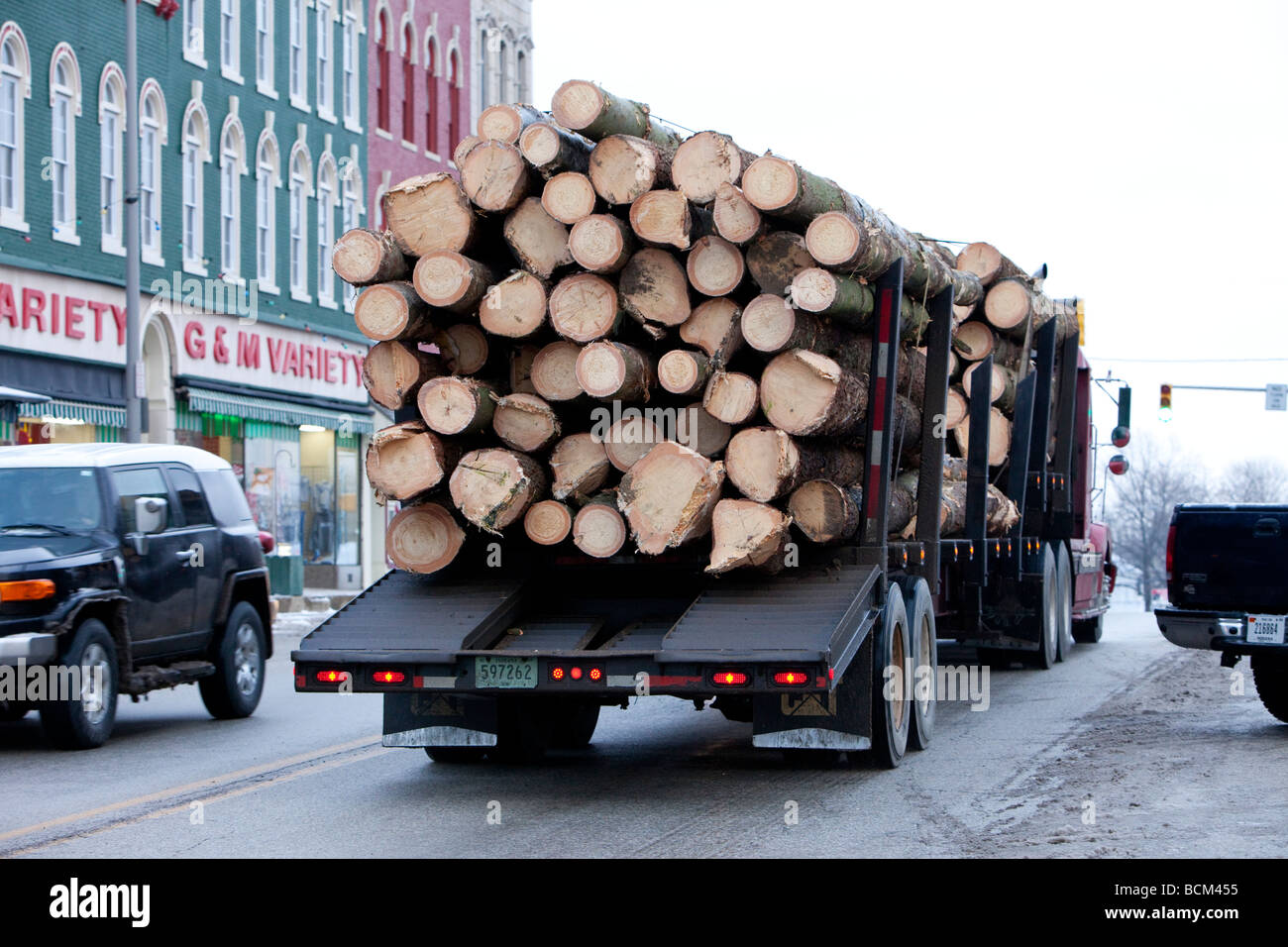 Logging Truck driving through Rockville Indiana Stock Photo