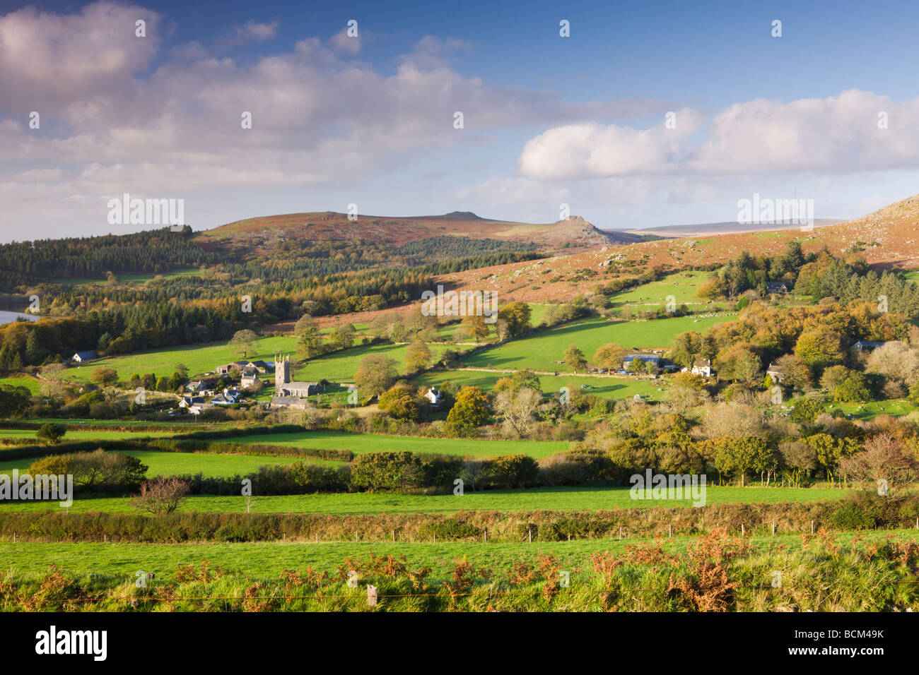 Dartmoor village of Sheepstor surrounded by autumnal rural landscape