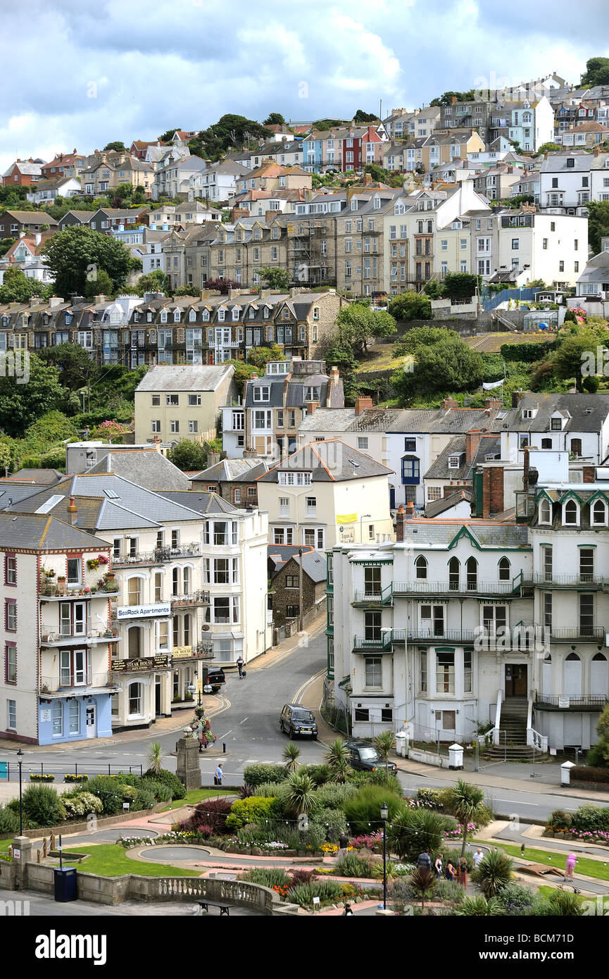 Housing and hotels on the hill facing the sea at Ilfracombe in Devon Stock Photo