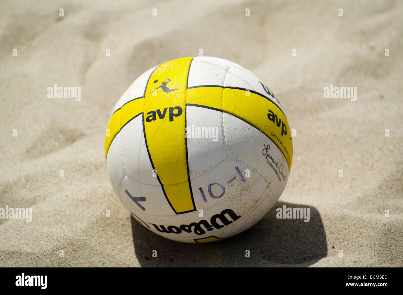 Official AVP beach volleyball in sand Stock Photo