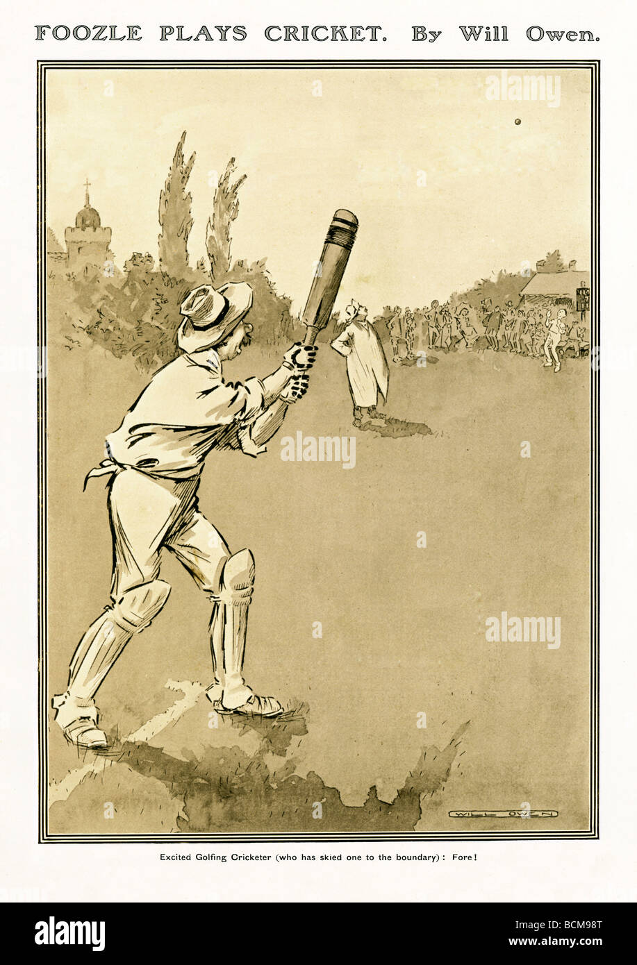 Foozle Plays Cricket Edwardian cartoon of Excited Golfing Cricketer who has skied one to the Boundary with the cry of Fore Stock Photo