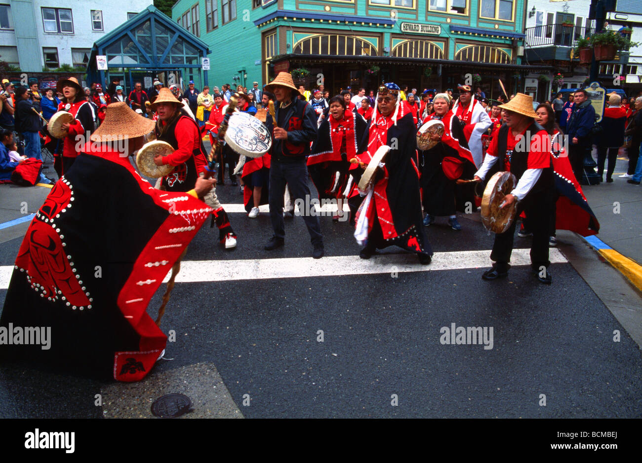 Native Alaskans in traditional dress in Juneau Alaska USA Stock Photo