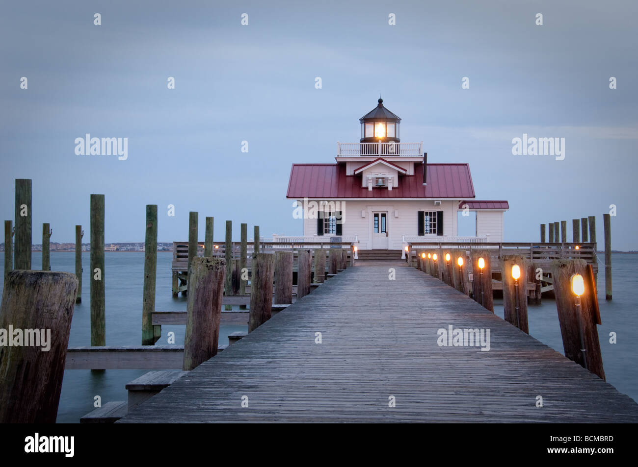 dusk on the pier at the Marsh Light house in Manteo, North Carolina, USA Stock Photo