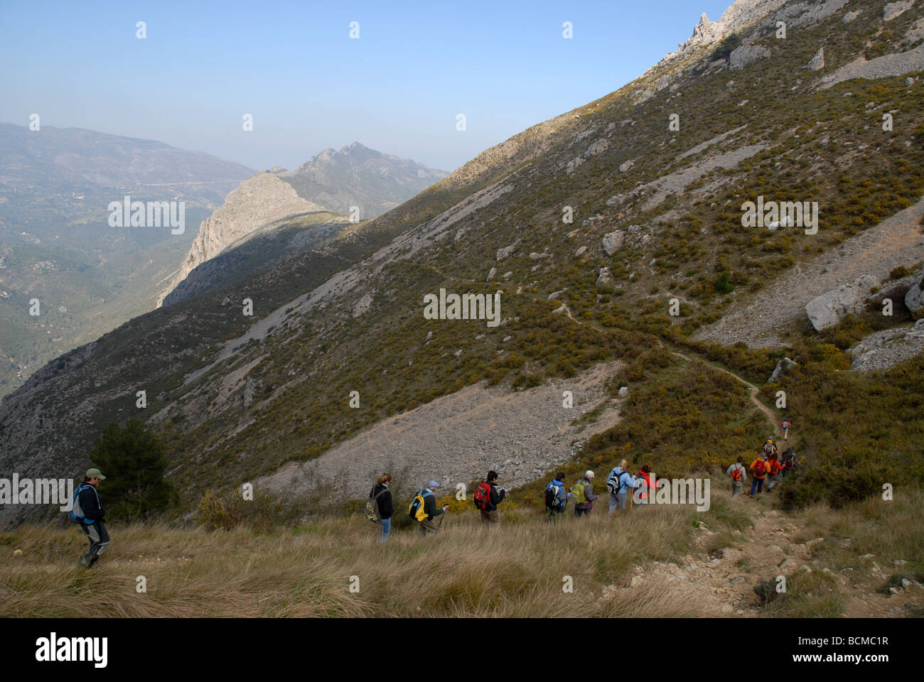 hikers on the Sierra Bernia, Alicante Province, Comunidad Valenciana, Spain Stock Photo
