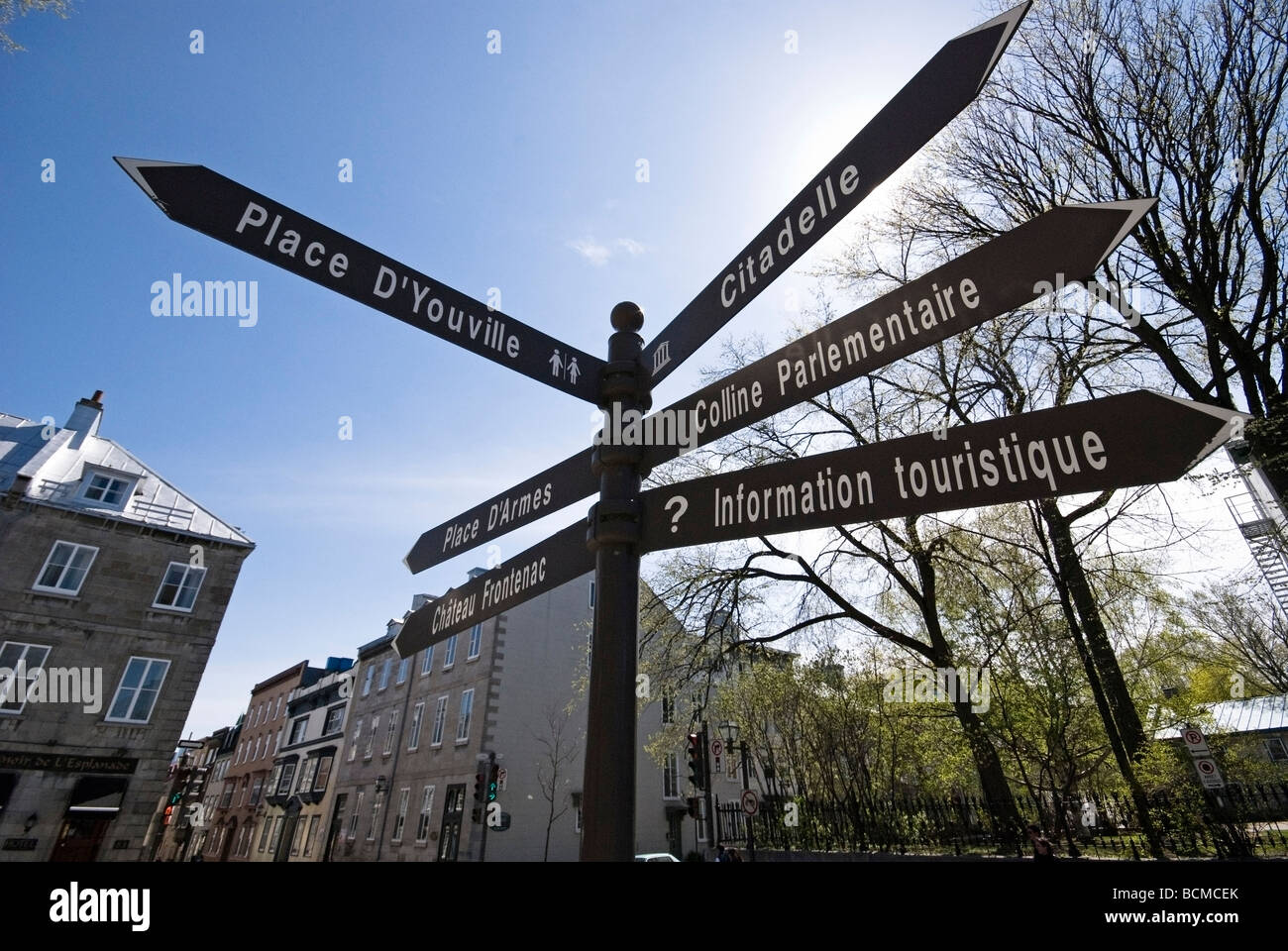 Street signs in old town of Quebec City, Canada. Stock Photo
