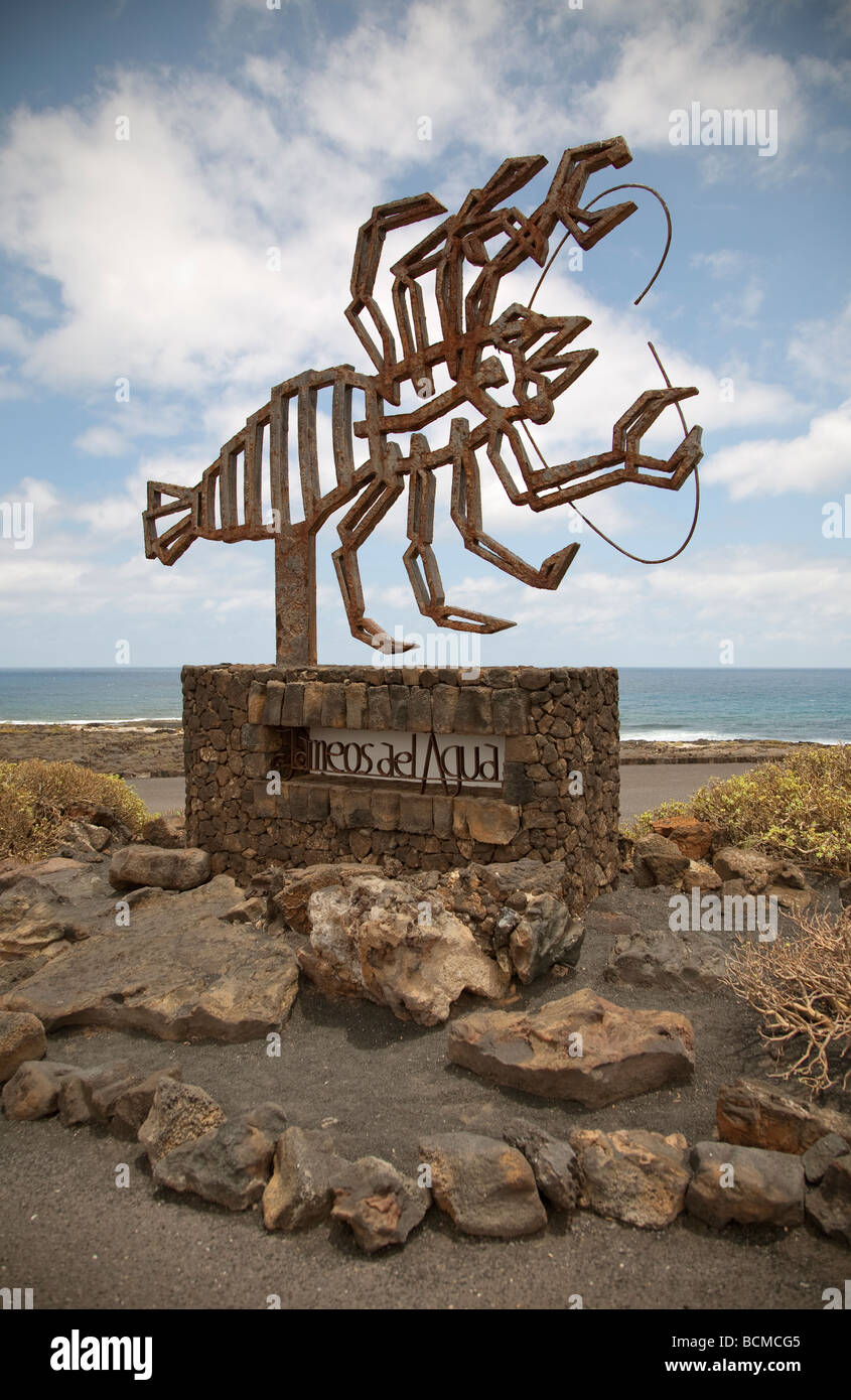Sign and sculpture designed by Spanish artist Cesar Manrique outside the Los Jameos del Agua volcanic caves on Lanzarote Stock Photo