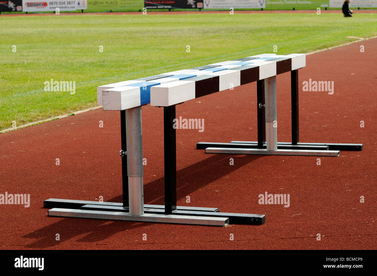 3 athletics steeplechase barriers at side of track. Stock Photo