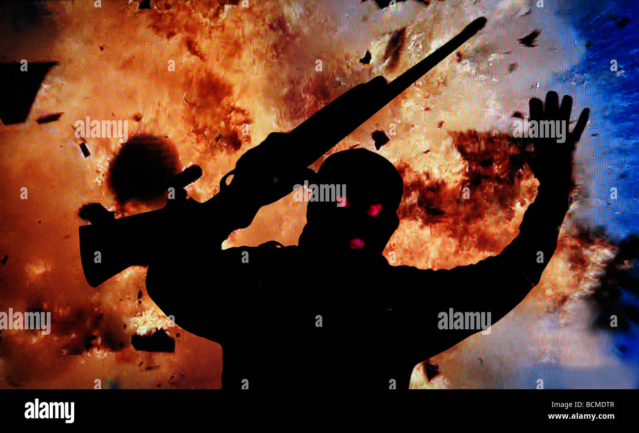 silhouette of masked man with gun running from huge explosion Stock Photo