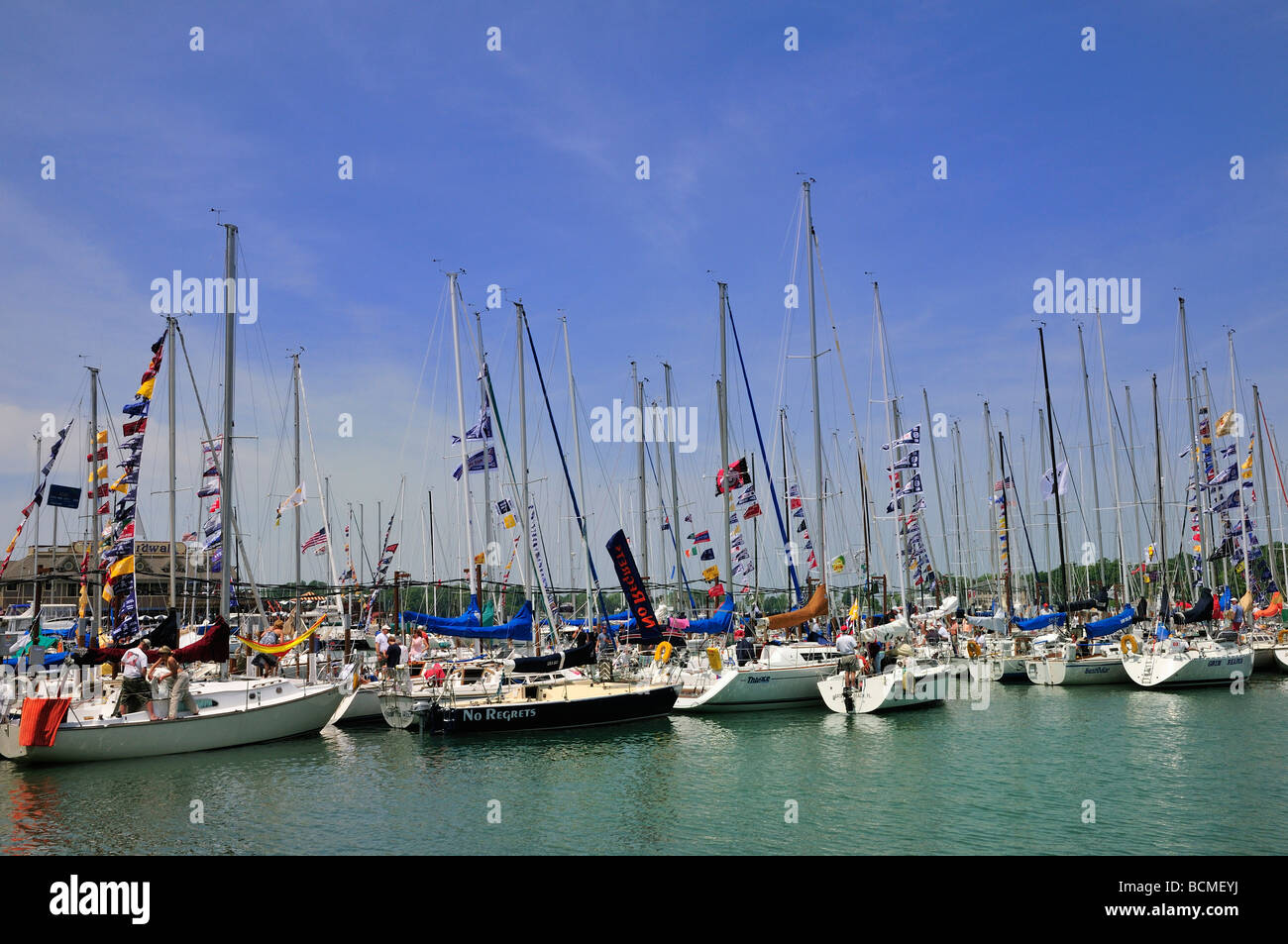 Sailboats crowd the marina at Put in Bay Stock Photo