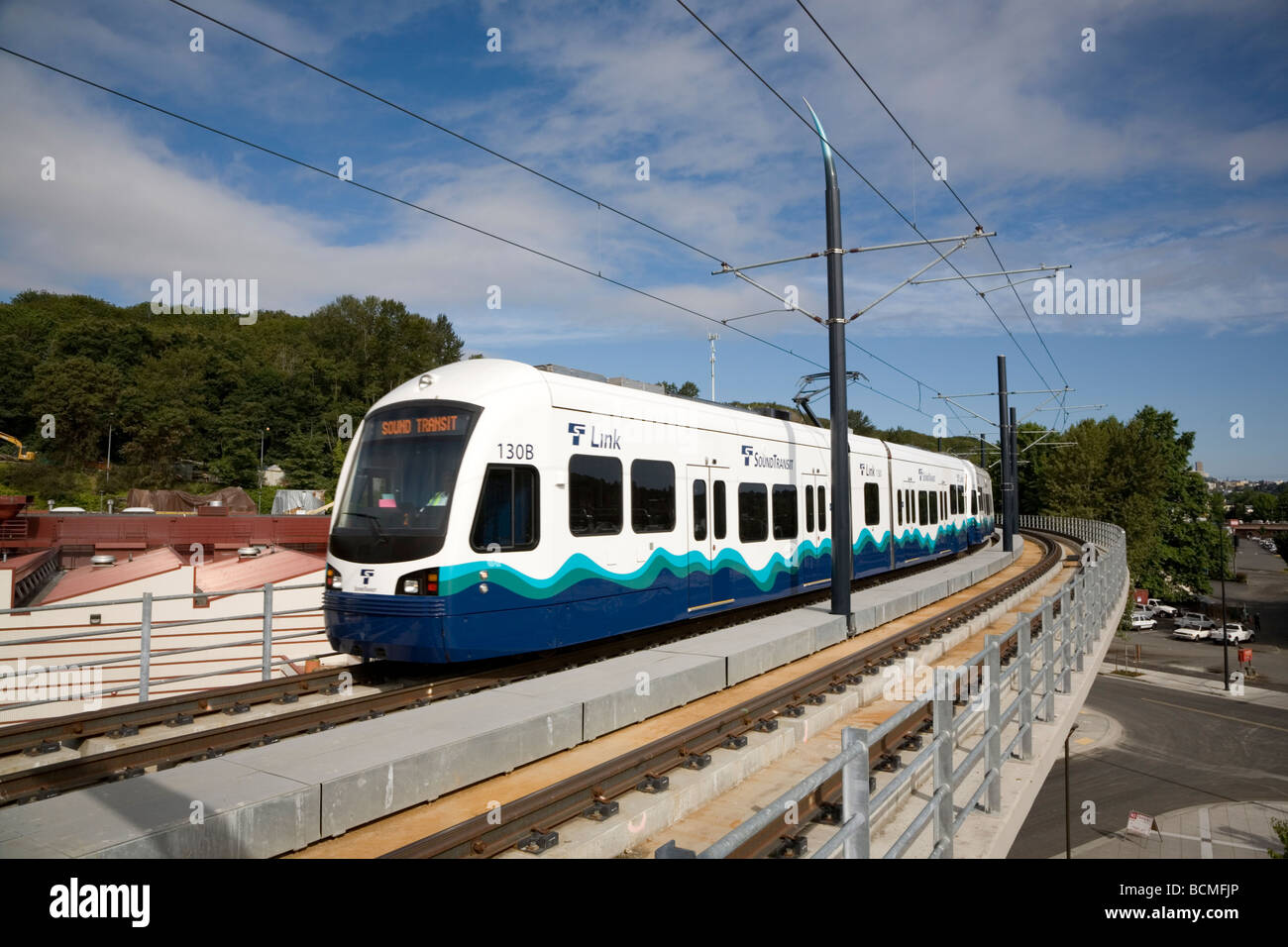 Link Light Rail Car Pulling into the Mount Baker Station Opening Day Stock Photo