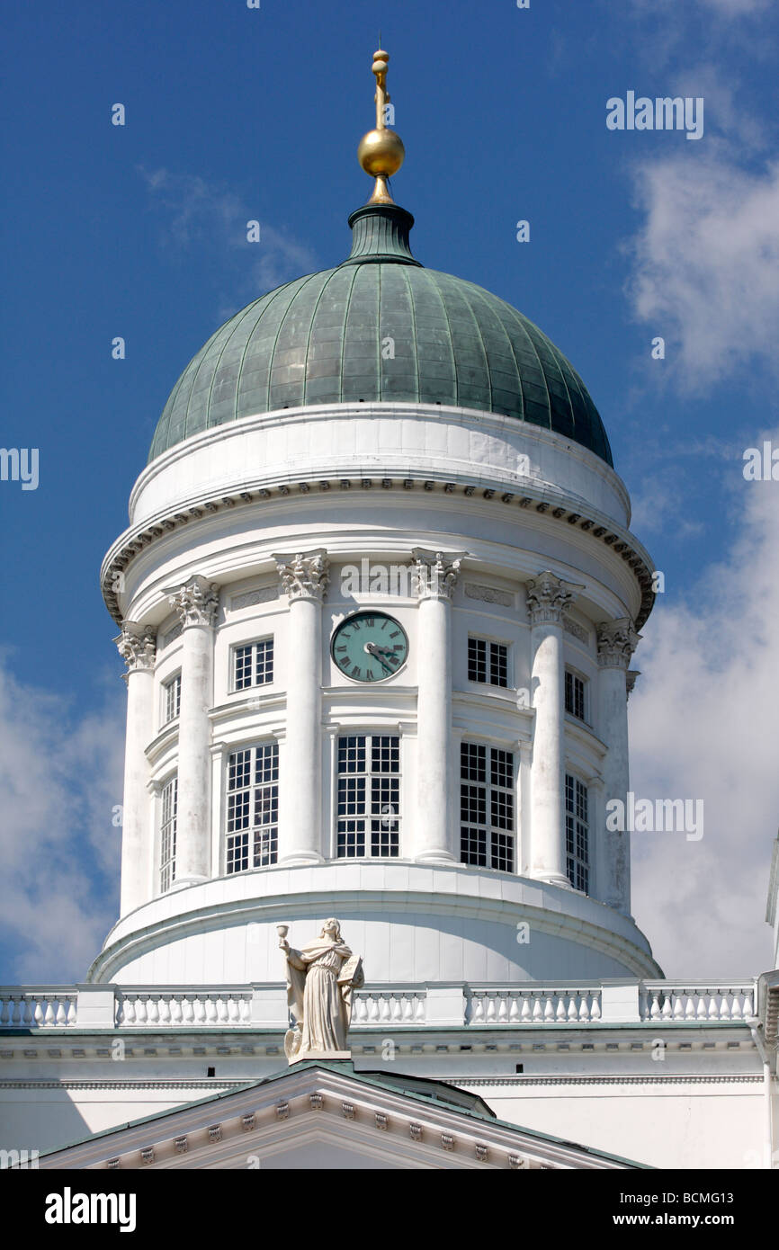 Clock Tower on Tuomo Kirkko Cathedral in Helsinki, Finland Stock Photo