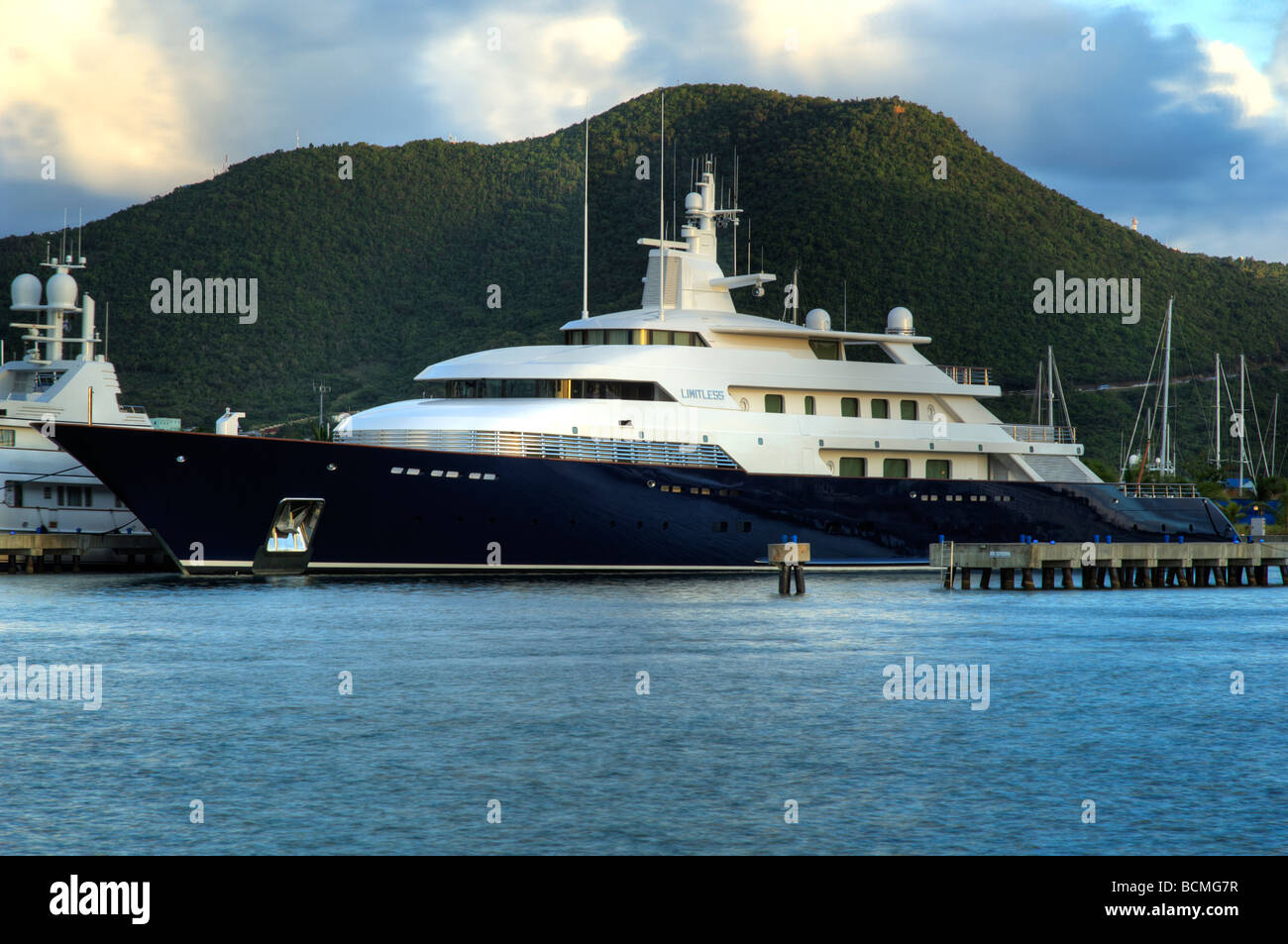 The large yacht "Limitless" docked in St. Martin, West Indies. Stock Photo