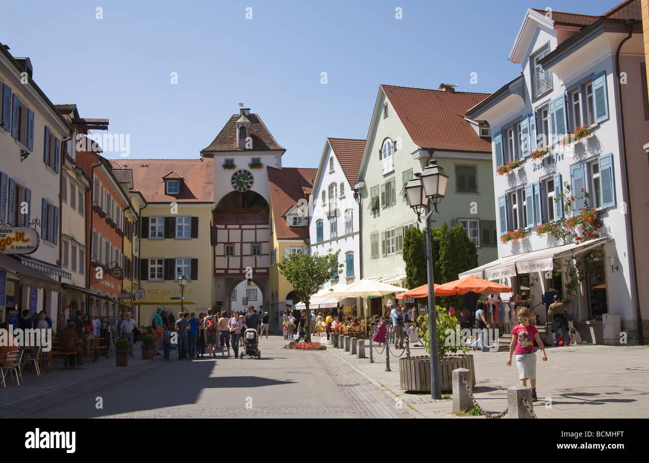 Meersburg Baden Wurttemberg Germany EU View along main street in Unterstadt this medieval lower town to a gate house tower Stock Photo