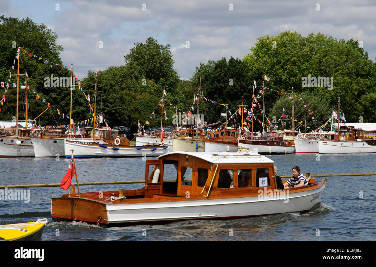 Henley on Thames the Boveney a classic cabin launch downtstream on the