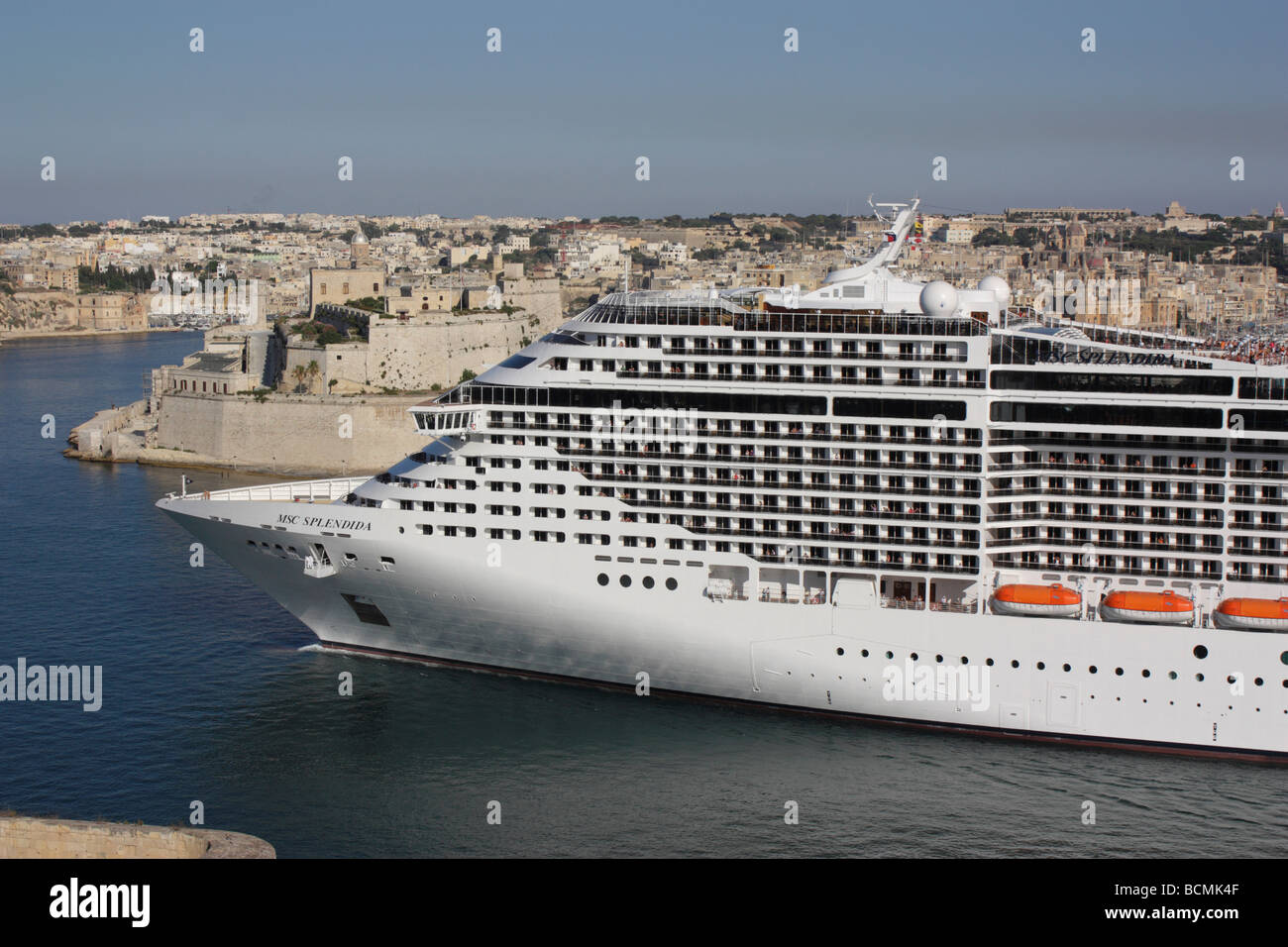 The large cruise ship MSC Splendida leaving Malta's Grand Harbour Stock Photo