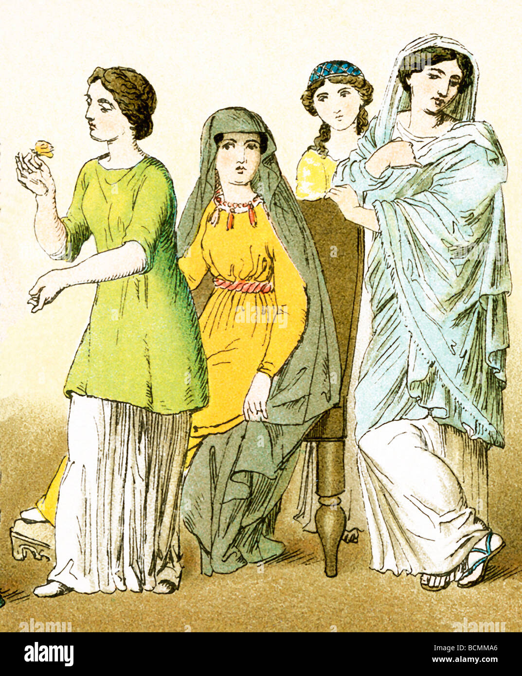 The figures represent four ancient Roman women. The illustration dates to 1882. Stock Photo