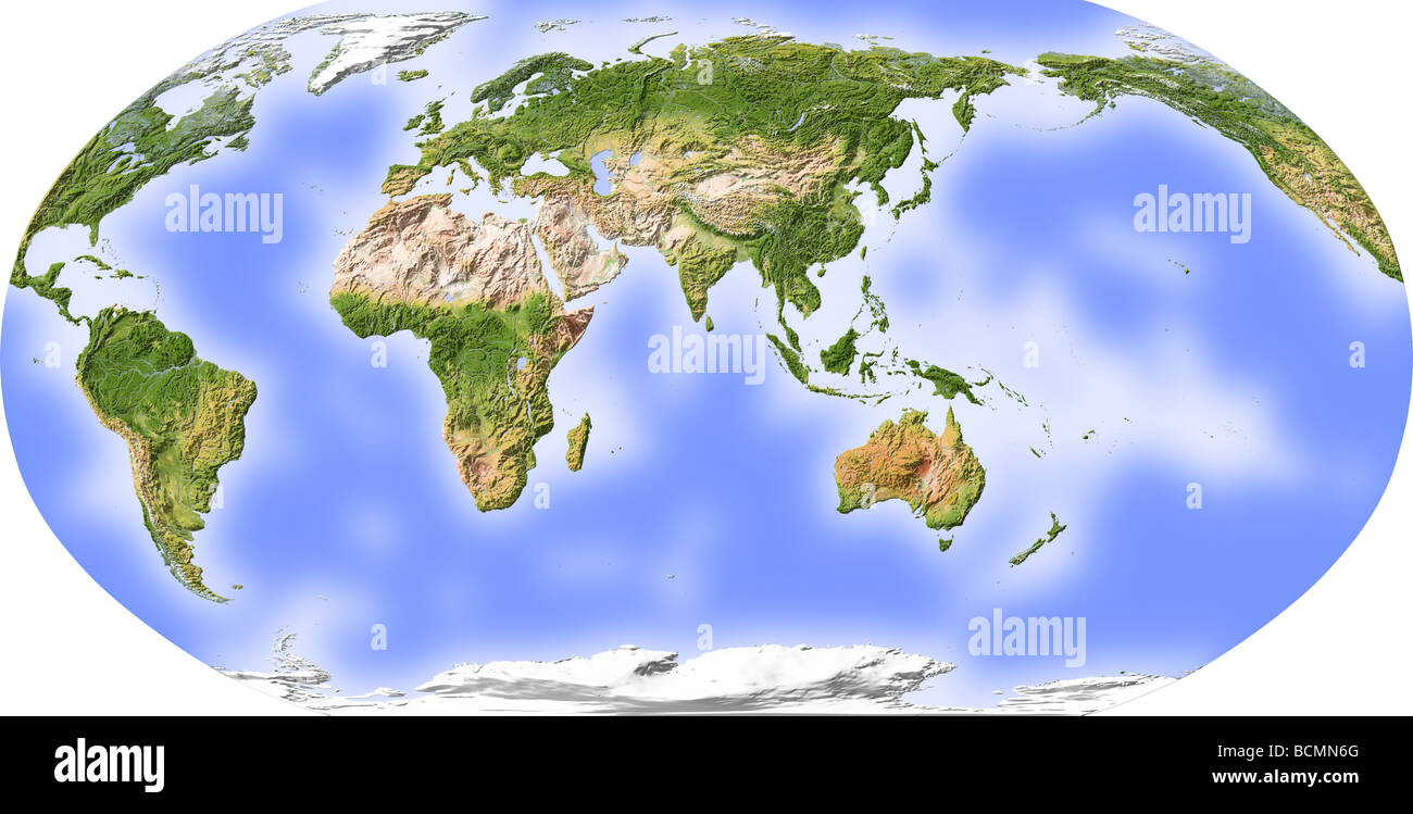 World map, shaded relief, centered on India Stock Photo