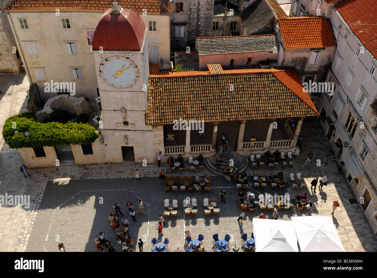 Loggia and Clock Tower from Belltower of Cathedral of St Lawrence at Trogir on Dalmatian Coast of Croatia Stock Photo