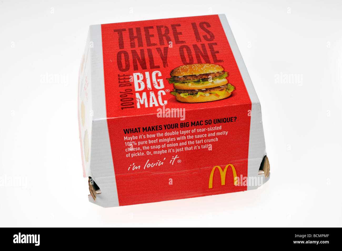 Mcdonalds Big Mac cheeseburger takeaway sandwich in box on white background. Stock Photo