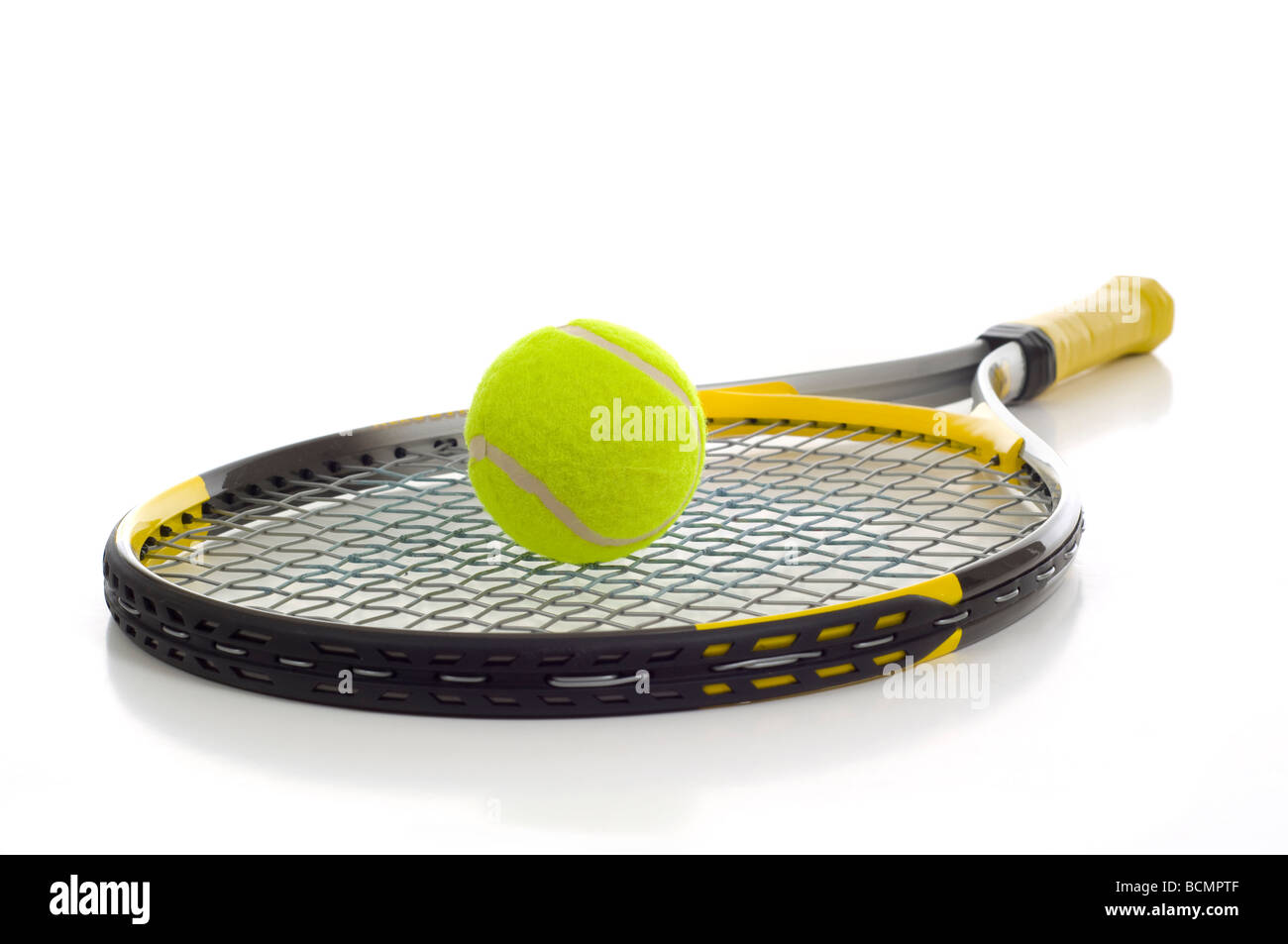 Tennis ball and racket on white background with copy space Stock Photo ...