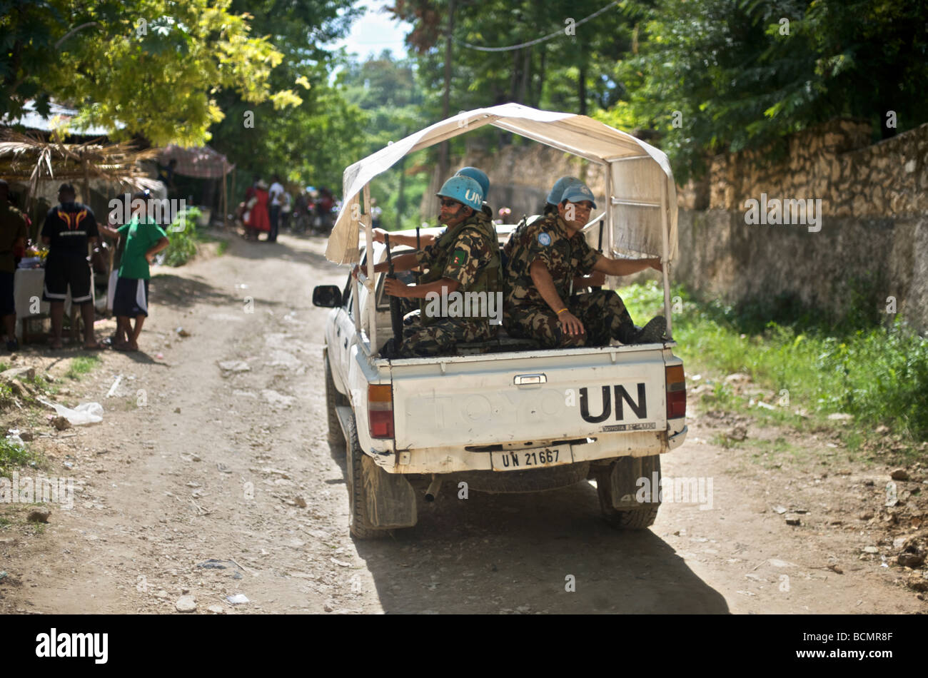 UN soldiers ride through the small village of Saut D'eau during the annual voodoo pilgrimage there on July 14, 2008. Stock Photo
