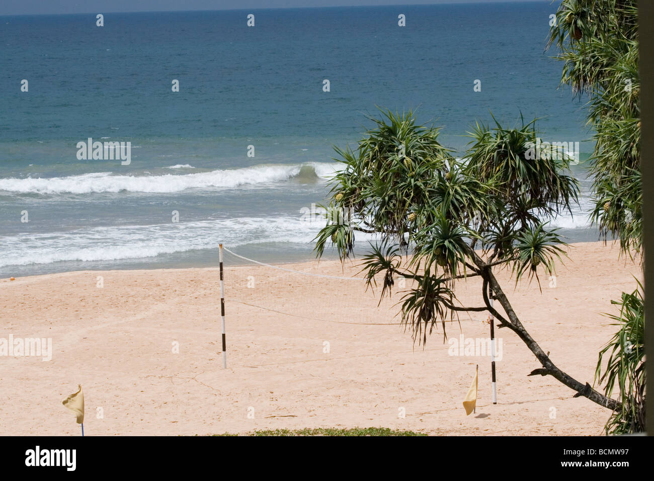 A volleyball net on the beach front at Heritance Hotel, Ahungalla, Sri Lanka. Stock Photo