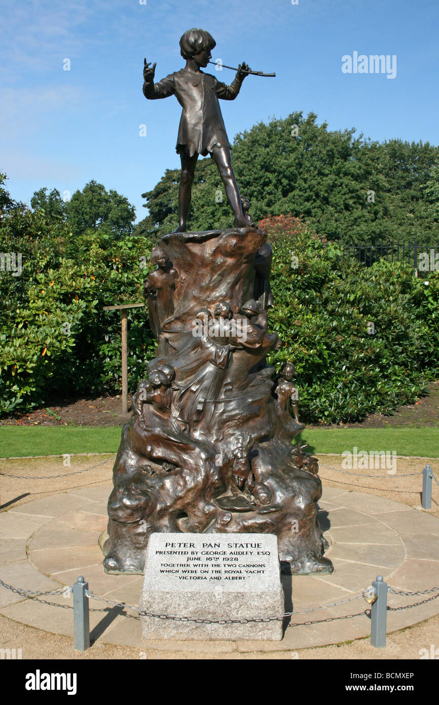 Bronze statue peter pan frampton park sefton liverpool uk