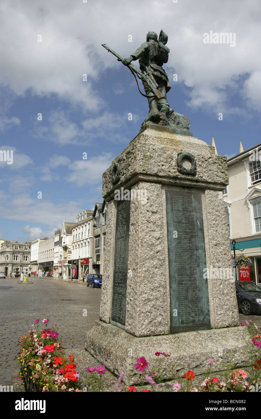 City of Truro, England. Rear view of the bronze war memorial on marble plinth in Boscawen Street. Stock Photo