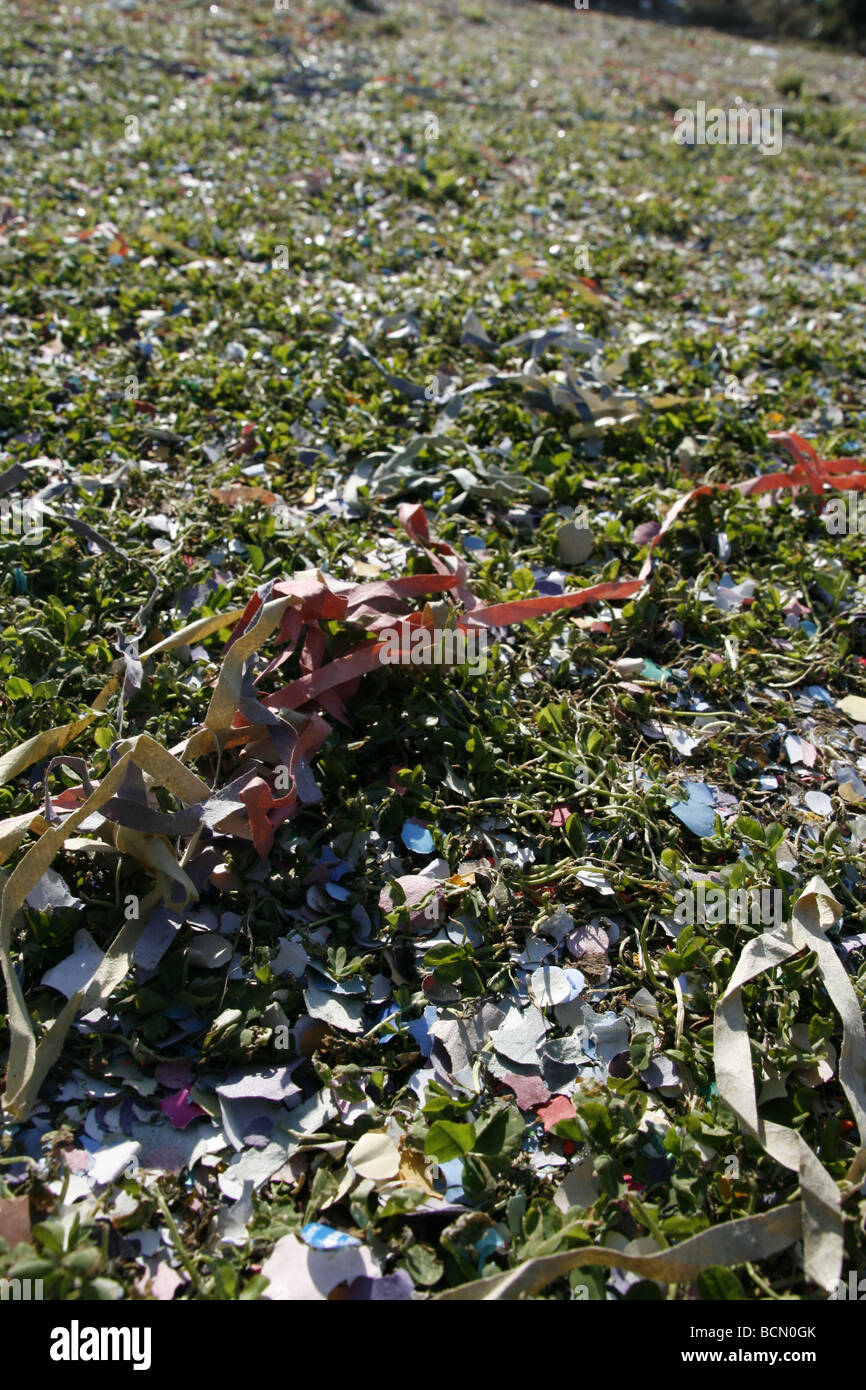lots of colourful confetti and garlands on grass in field in sun Stock