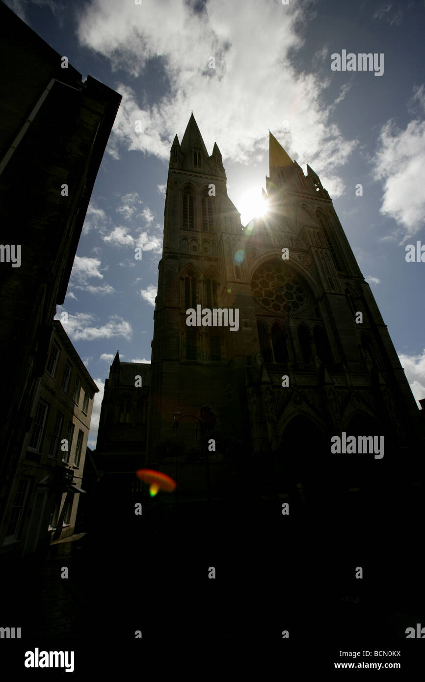 City of Truro, England. Silhouetted view of the west spires and entrance to Truro Cathedral. Stock Photo
