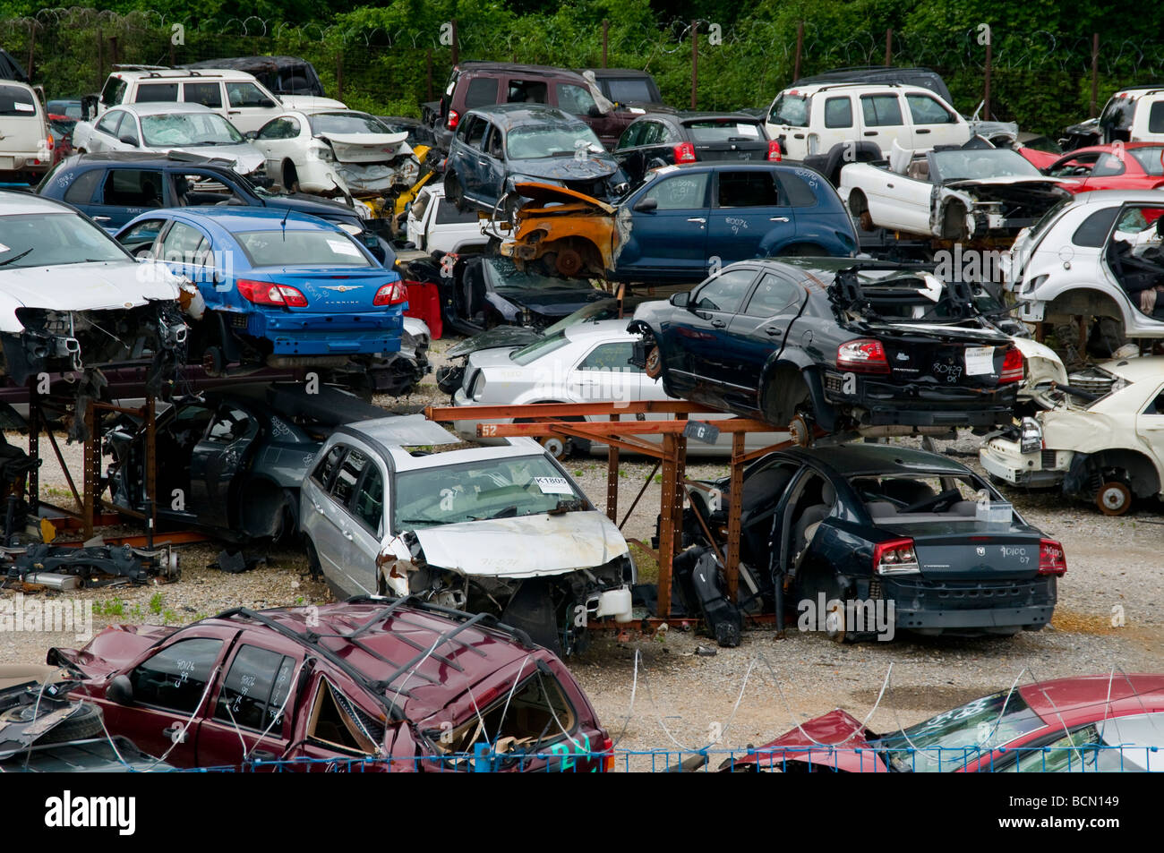 Memphis car cemetery specialised in Chrysler car wrecks Stock Photo