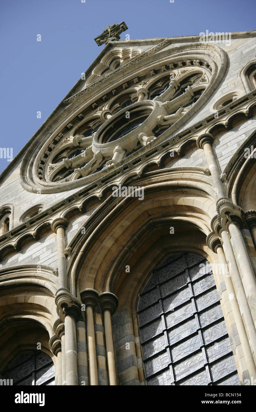 City of Truro, England. Close up angled view of the rose window located above the east aspect of Truro Cathedral. Stock Photo