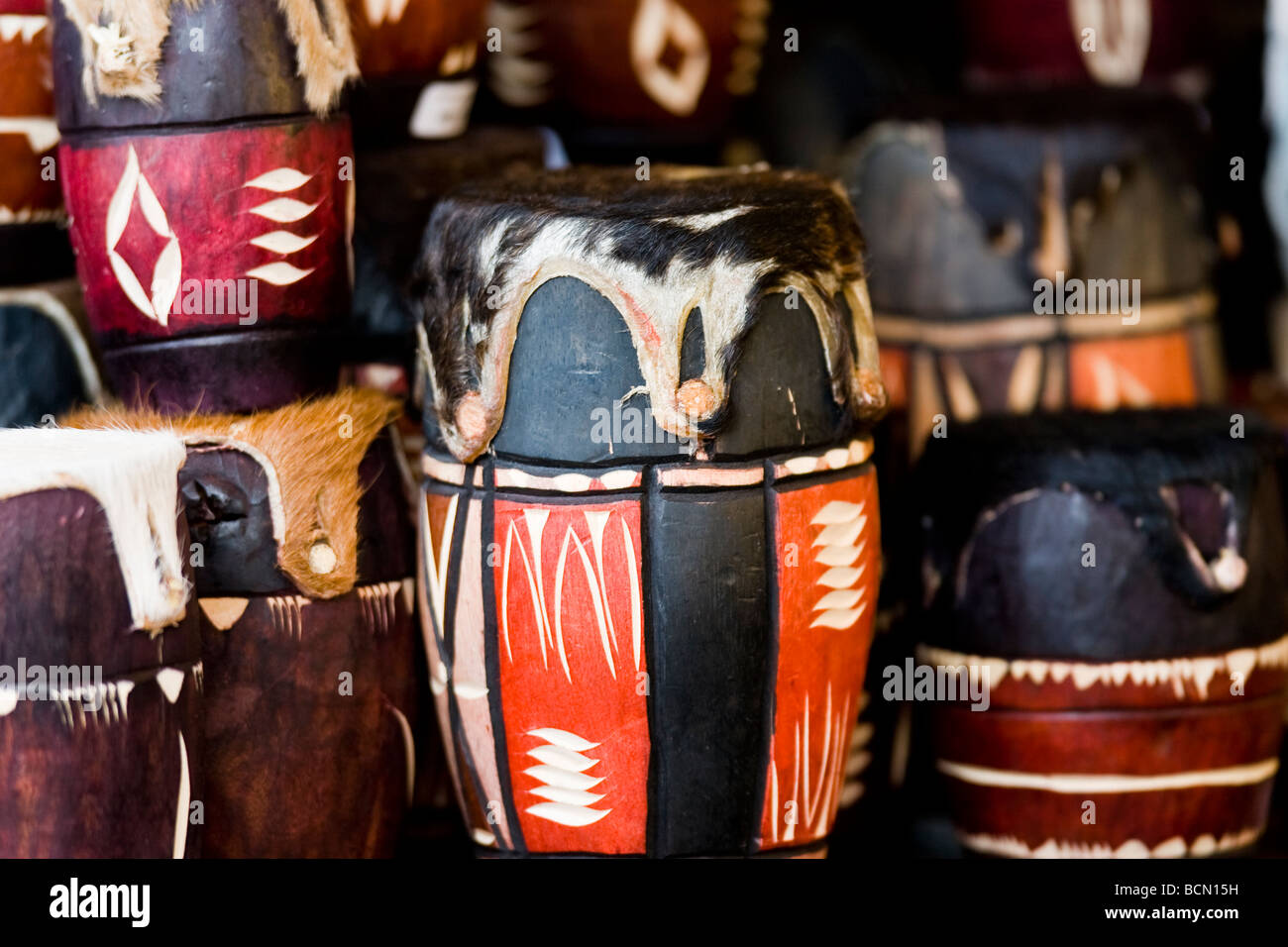 Colourful African drums for sale at a Cape Town market, South Africa